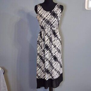 Notations Small Black White Abstract Print Midi Dress Chiffon Hem